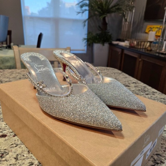 NEW Christian Louboutin Planet Queen Crystal Embellished Glitter Pointed Mule 38 - Picture 3 of 12